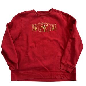 BASIC EDITIONS Red Embroidered Floral Grandmacore Sweatshirt Womens VTG Cotton L
